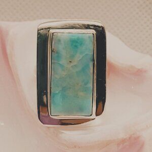 Natural Larimar Sterling Silver Rectangle Design Ring Size 9 Artisan